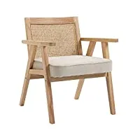 homcom fauteuil lounge chaise en rotin avec coussin - dossier en cannage - assise profonde - accoudoirs - structure bois hévéa - aspect lin beige