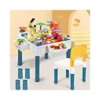 6-en-1 table de jeu enfant set, 51 x 51 cm plateau double face avec 292 briques, table multi-activité avec 1 chaise enfant comme table de construction, table de sable
