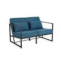 mingone canapé 2 places avec accoudoirs canapé lounge rembourré en lin avec cadre métal relax chambre à coucher avec accoudoirs et dossier pour salon réception (bleu)