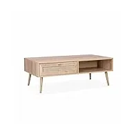 alice's home - table basse en cannage 110 x 59 x 39 cm - bohème - naturel. 1 tiroir. 1 espace de rangement. pieds scandinaves