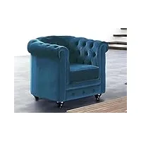 vente-unique - fauteuil chesterfield - velours bleu canard - accoudoir
