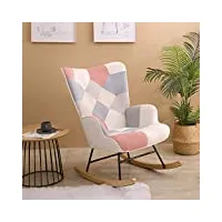kgopk fauteuil à bascule en tissu avec pieds en bois et tissu patchwork pour salon, chambre à coucher, rose