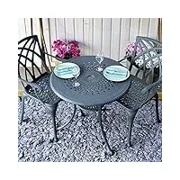 lazy susan salon de jardin: 80 cm table anna ronde en gris ardoise avec 2 chaises april en aluminium résistant aux intempéries | facile à assembler