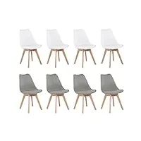 h.j wedoo lot de 8 chaises modernes avec pieds en hêtre et siège rembourré pour cuisine, bureau, bar, salon - 4 blanc + 4 gris