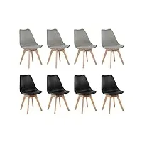 h.j wedoo lot de 8 chaises modernes avec pieds en hêtre et siège rembourré pour cuisine, bureau, bar, salon - 4 gris + 4 noir