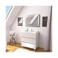 aurlane ensemble meuble de salle de bain blanc 80 cm sur pied 3 tiroirs + vasque ceramique blanche + miroir