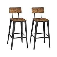 vasagle tabouret bar industriel, lot de 2, chaise bar cuisine, avec dossier, cadre en acier, montage facile, style industriel, marron rustique et noir lbc078b01