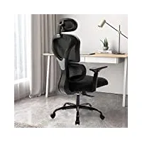 kerdom chaise de bureau ergonomique, fauteuil de bureau en maille respirante confortable avec support lombaire, appuie-tête et accoudoir réglables,d'ordinateur à haut dossier,noir