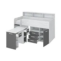 lit mezzanine compact et moderne avec bureau, tiroirs et bibliothèque - neo la gauche - (craft blanc/graphite)