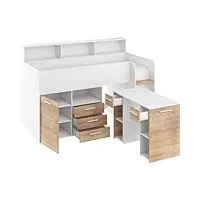lit mezzanine compact et moderne avec bureau, tiroirs et bibliothèque - neo la droit - (blanc/chêne sonoma)