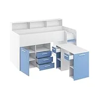 lit mezzanine compact et moderne avec bureau, tiroirs et bibliothèque - neo la droit - (blanc/bleu clair)