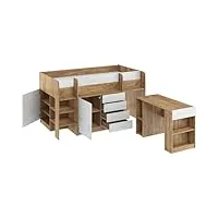 lit mezzanine compact et moderne avec bureau, tiroirs et bibliothèque - smile la gauche - (craft blanc/craft or)