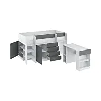 lit mezzanine compact et moderne avec bureau, tiroirs et bibliothèque - smile la gauche - (craft blanc/graphite)