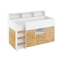 lits superposés neo l - meubles pour chambre d'enfant - un lit avec bureau, étagères, tiroirs : côté gauche (blanc/chêne artisan)
