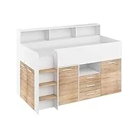 bim furniture lit superposé neo l pour enfant, ensemble de meubles pour chambre d'enfant, un lit avec bureau, étagères, tiroirs : côté gauche (blanc/chêne sonoma)
