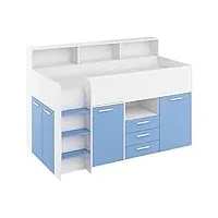 bim furniture lit superposé neo l - meuble pour chambre d'enfant, un lit avec bureau, des étagères, un tiroir côté gauche (blanc/bleu), 80 x 200 cm
