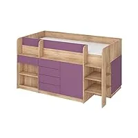 lit superposé smile p - meubles pour chambre d'enfant - 1 lit avec bureau, étagères, tiroirs : côté droit (chêne sonoma/violet)