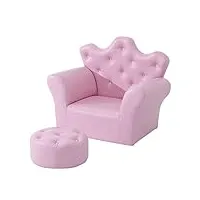 homcom ensemble fauteuil et pouf enfant design couronne de princesse - dossier et assise pouf avec boutons strass aspect cristaux - structure bois revêtement synthétique pvc rose