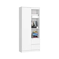 adgo r11 bibliothèque avec compartiments, blanche, 80 x 180 x 35 cm, bibliothèque avec portes et tiroirs, étagère de rangement, étagère ouverte, étagère de bureau, étagère de dossiers, étagère de