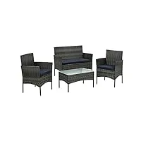 stilista lounge set 4 pièces composé d'une table avec plateau de table en verre au lait, de deux chaises et d'un banc à deux places en poly rotin, différentes couleurs, gris
