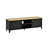homcom meuble tv banc tv pour téléviseurs de 55'' avec 2 placards pieds réglables cadre métalique noir plateau en bois naturel 150 x 40 x 50 cm