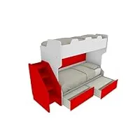 mobilfino camerette smart – lit superposé avec deuxième lit amovible avec échelle de rangement autonome, blanc et rouge, avec tiroirs amovibles
