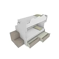 mobilfino camerette smartb - lit superposé avec balustrade rétro, échelle de rangement à tiroirs autonome, blanc et tissu, avec tiroirs amovibles