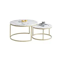 grandca home lot de 2 tables basses rondes gigognes de salon(imitation marbre), grande : 80x80x45cm et petite : 60x60x35cm，blanc + or
