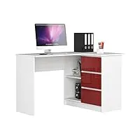 akord bureau d'angle avec 2 étagères et 3 tiroirs | table avec meuble de rangement intégré et modulable | l124 x h77 x p85 | fourniture bureau | couleur blanc/rouge brillant