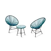 idmarket - salon de jardin izmir table et 2 fauteuils oeuf cordage bleu canard