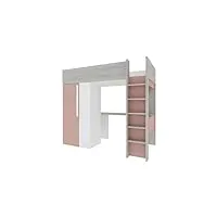 lit mezzanine nicolas - 90 x 200 cm - avec armoire et bureau - rose et blanc