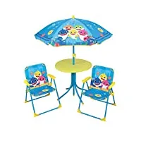 fun house baby shark salon de jardin pour enfant avec une table h.46 x Ø46 cm, deux chaises h.53 x l.38,5 x p.37,5 cm et un parasol h.125 x Ø 100 cm 713462, multicolore