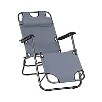 outsunny chaise longue inclinable transat bain de soleil fauteuil relax jardin 2 en 1 pliant têtière amovible charge max. 136 kg toile oxford facile d'entretien gris clair