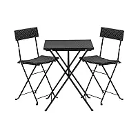 stilista set bistro 3 pièces en poly rotin 1x table + 2x chaise, pliable en noir