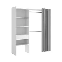 pegane armoire dressing extensible avec rideau + 1 tiroir coloris blanc - longueur 110-160 x hauteur 205 x profondeur 50 cm