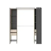 armoire dressing extensible avec rideau + 4 tiroirs coloris naturel/graphite - longueur 100-180 x hauteur 203 x profondeur 50 cm -pegane-