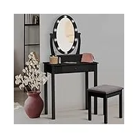 idmarket - coiffeuse bella bois noir avec miroir led et tabouret