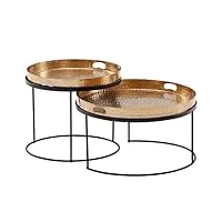 wohnling table basse lot de 2 tables gigognes en métal doré/noir finition martelée ronde | table basse plateau amovible | tray table canapé 2 pièces moderne | table d'appoint ronde