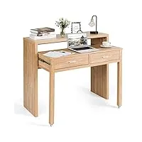 giantex bureau extensible à roulettes avec 2 tiroirs, table de bureau en bois, table de travail, peu encombrante, dimensions fermées: 100 x 36 x 88 cm