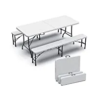 vounot ensemble table pliante et bancs pliables camping 180cm hdpe style polyrotin 8 places fonction portable convient pour la terrasse, le camping, le jardin, pique-nique blanc