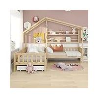 lit de maison 90 x 200 cm - pour 2 personnes - lit double pour enfants-lit polyvalent en pin massif pour garçons et filles - lit pour enfant avec tiroir et sommier à lattes (structure l)