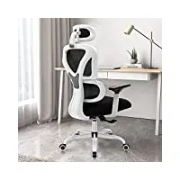 kerdom chaise de bureau ergonomique, fauteuil de bureau en maille respirante confortable avec support lombaire, appuie-tête et accoudoir réglables,d'ordinateur à haut dossier,blanc