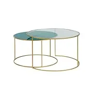 miliboo tables basses gigognes rondes design métal doré et verre teinté bleu pétrole (lot de 2) roxo