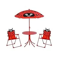 outsunny ensemble salon de jardin enfant 4 pcs design coccinelle - table ronde + 2 chaises pliables + parasol - métal époxy oxford rouge