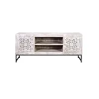 pegane meuble tv en bois de manguier/fer coloris blanc vieilli/gris - longueur 130 x profondeur 40 x hauteur 55 cm