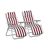 outsunny lot de 2 chaise longue bain de soleil adjustable pliable transat lit de jardin en acier rouge + blanc