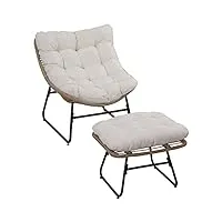 outsunny fauteuil chaise de jardin avec repose-pieds en métal époxy et résine tressée aspect rotin avec coussins moelleux - naturel
