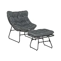 outsunny fauteuil chaise de jardin avec repose-pieds en métal époxy et résine tressée aspect rotin avec coussins moelleux - gris