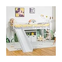 costway lit mezzanine pour enfants avec toboggan, escaliers et barrières de sécurité, cadre de lit superposé simple en métal pour garçons et filles, capacité de 150 kg (blanc)