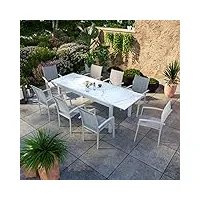 avril paris table de jardin extensible aluminium blanc effet marbre 180/240cm + 8 fauteuils empilables textilène - ania.